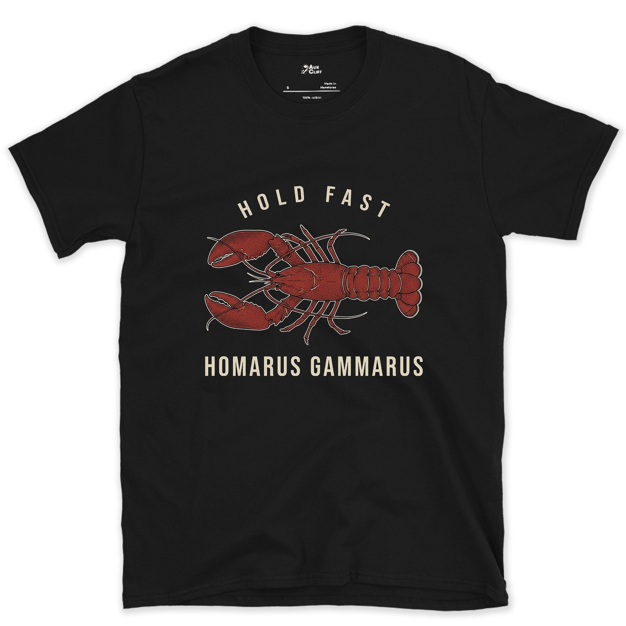 Hold Fast Lobster Badge design on a Black Gildan Softstyle t-shirt