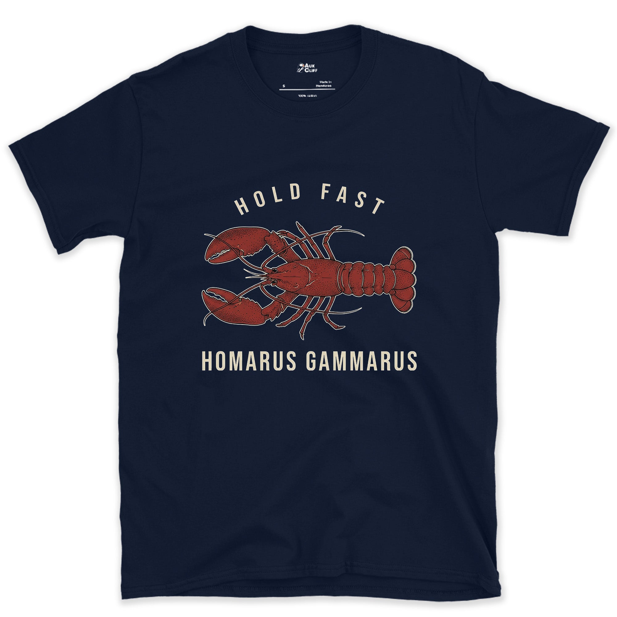 Hold Fast Lobster Badge design on a Navy Gildan Softstyle t-shirt
