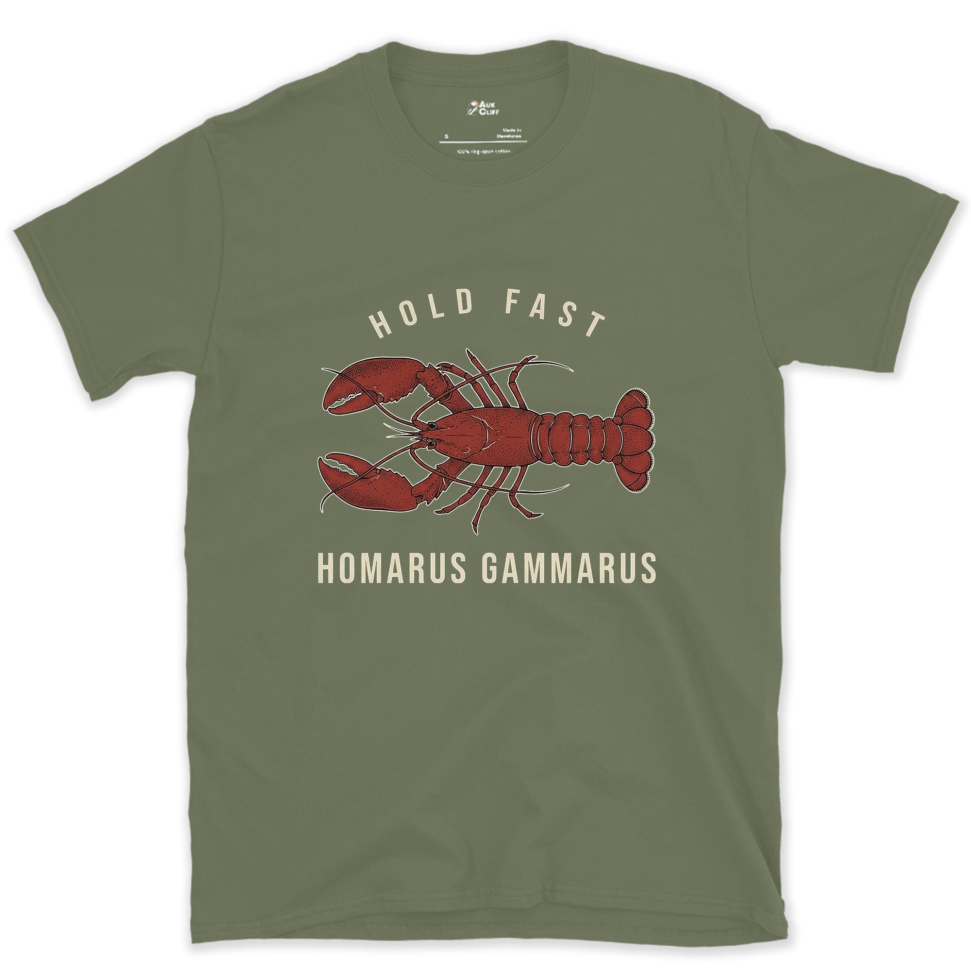 Hold Fast Lobster Badge design on a Military Green Gildan Softstyle t-shirt