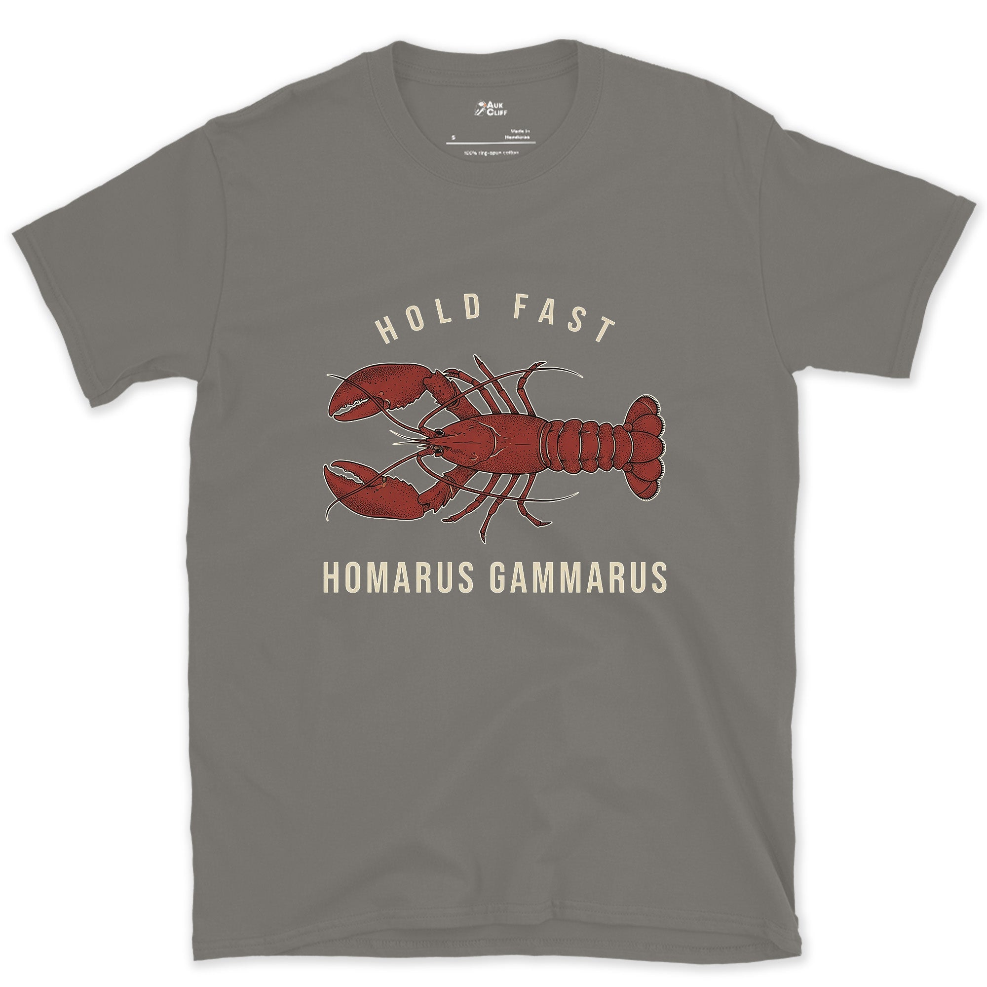 Hold Fast Lobster Badge design on a Charcoal Gildan Softstyle t-shirt