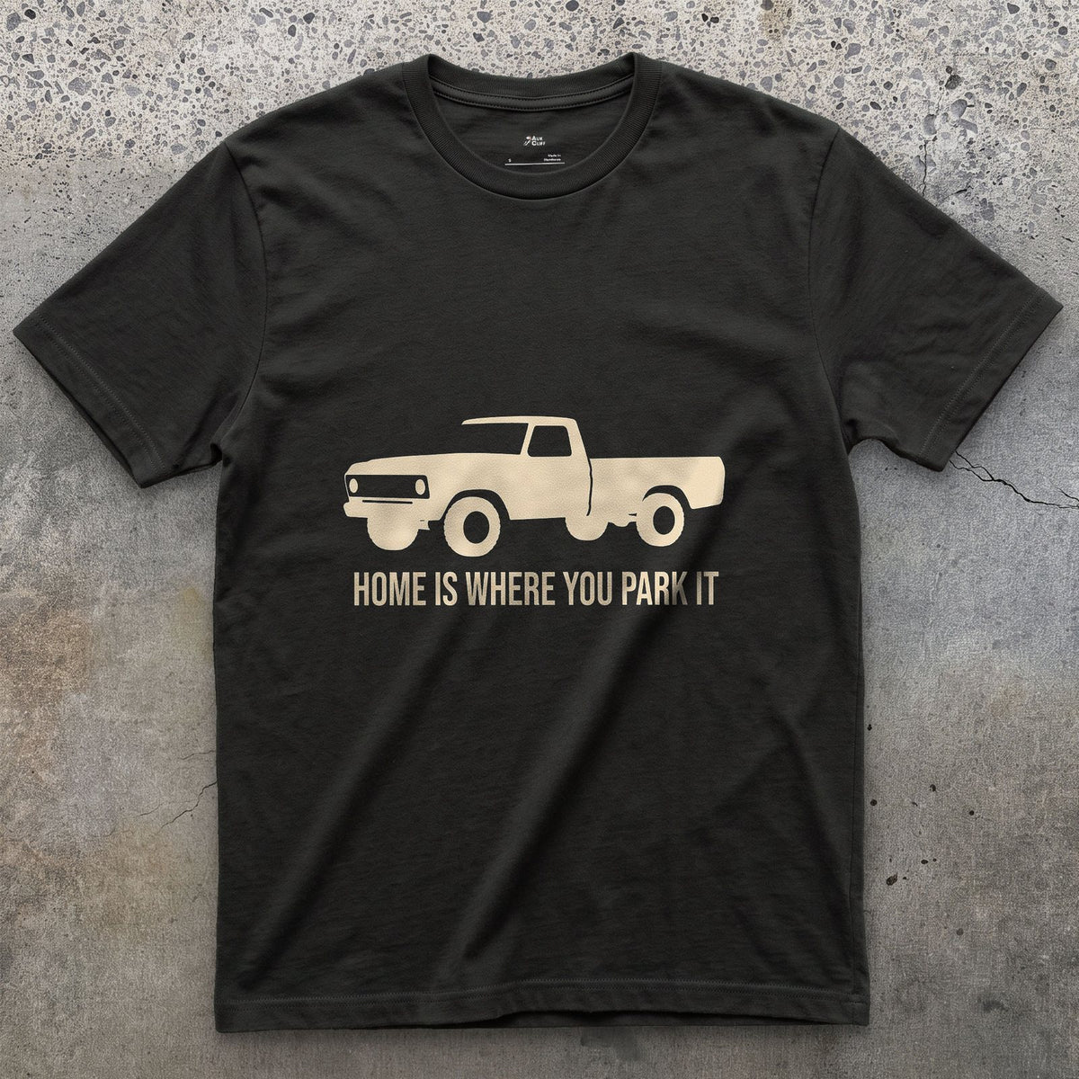 Home Is Where You Park It, Truck and Tent design on a Black Gildan Softstyle t-shirt