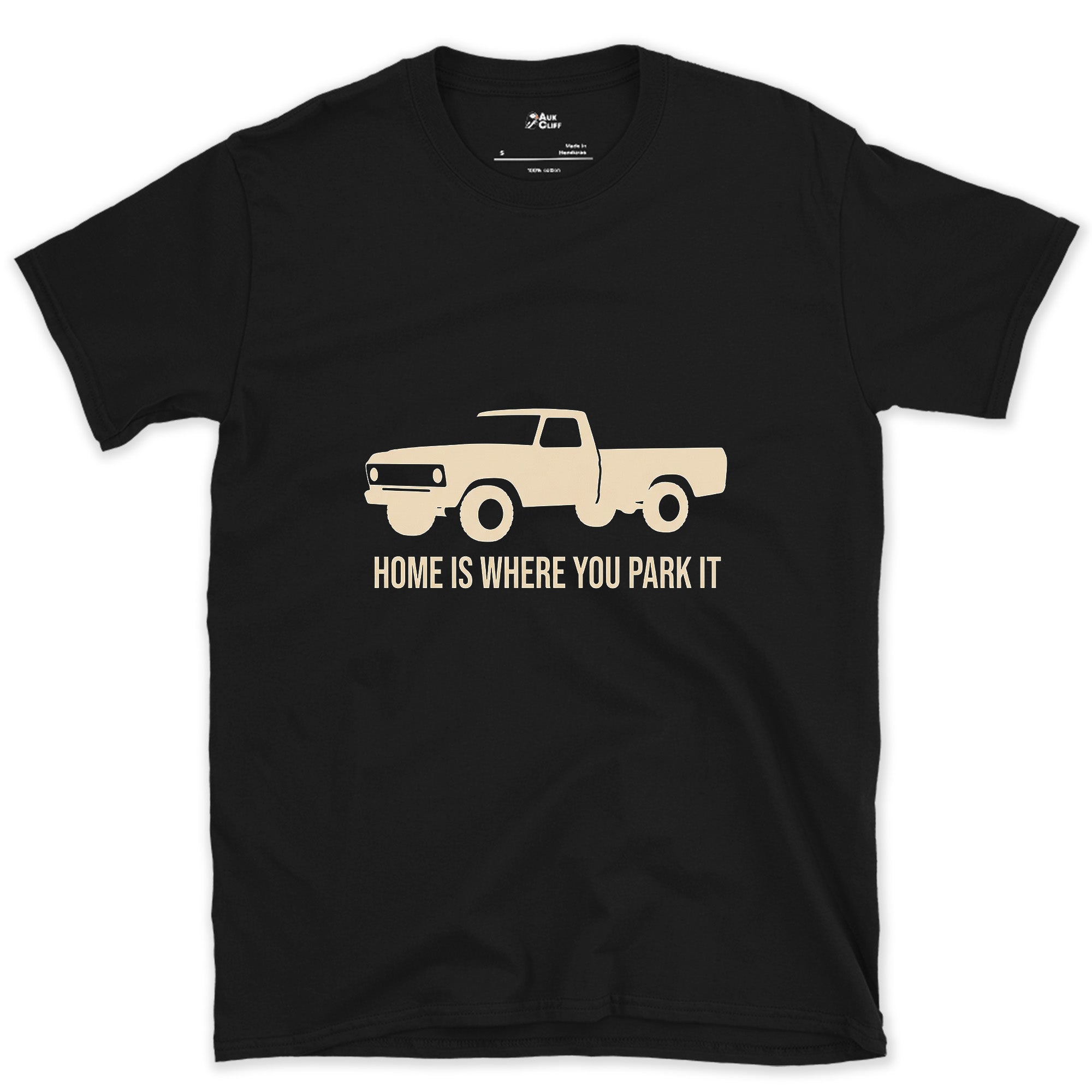 Home Is Where You Park It, Truck and Tent design on a Black Gildan Softstyle t-shirt