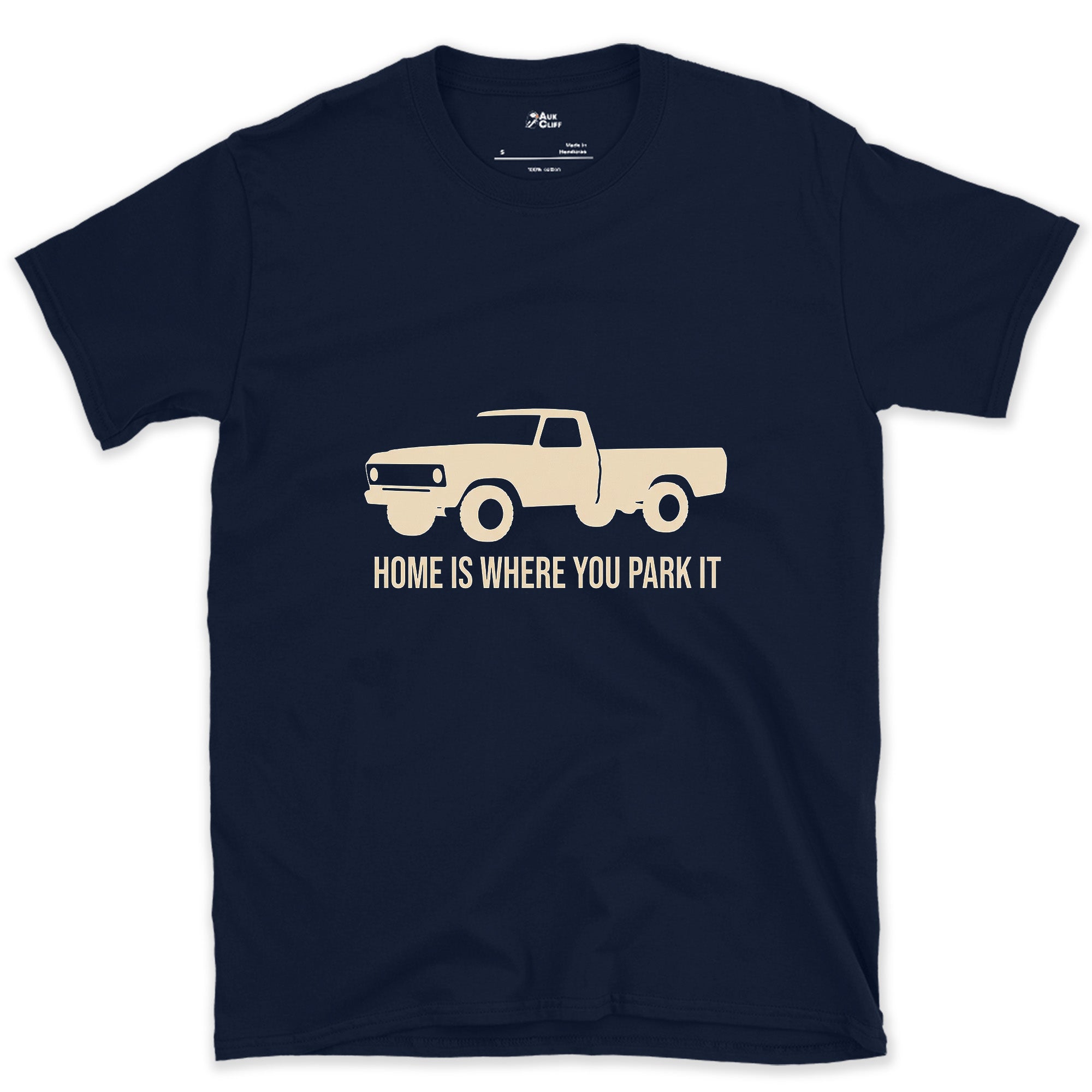 Home Is Where You Park It, Truck and Tent design on a Navy Gildan Softstyle t-shirt