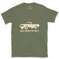 Home Is Where You Park It, Truck and Tent design on a Military Green Gildan Softstyle t-shirt