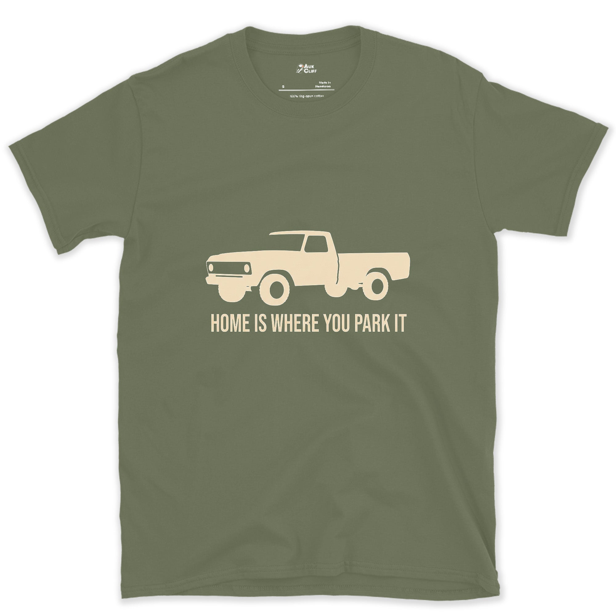 Home Is Where You Park It, Truck and Tent design on a Military Green Gildan Softstyle t-shirt