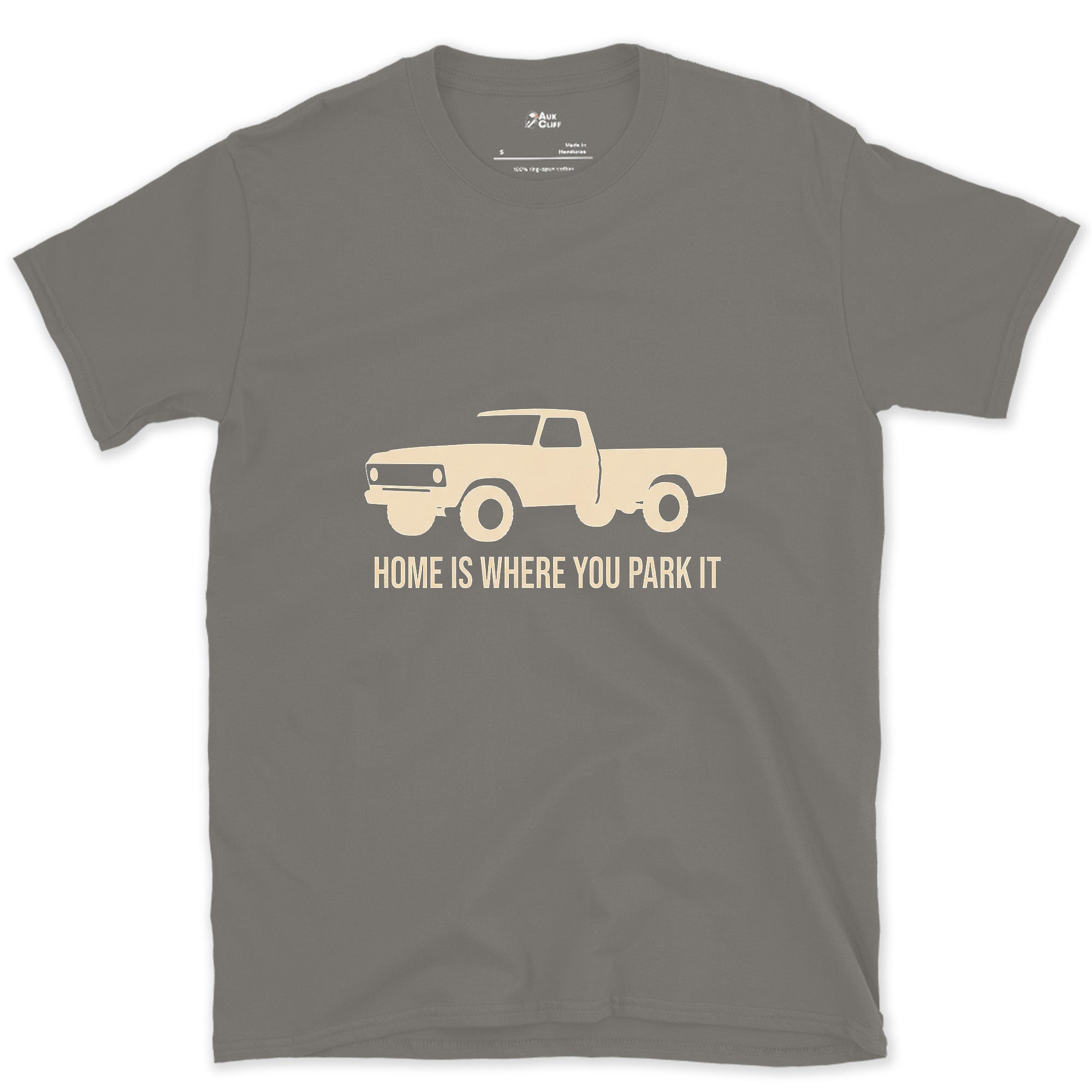 Home Is Where You Park It, Truck and Tent design on a Charcoal Gildan Softstyle t-shirt
