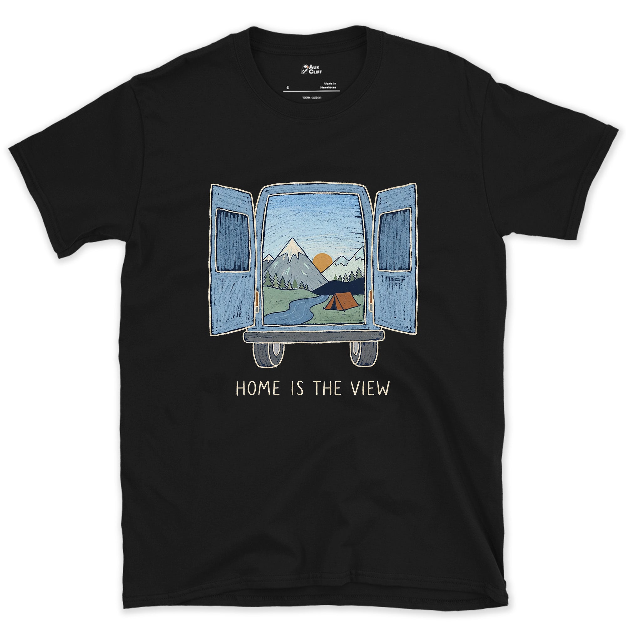 Home Is the View, Through the Van Doors design on a Black Gildan Softstyle t-shirt