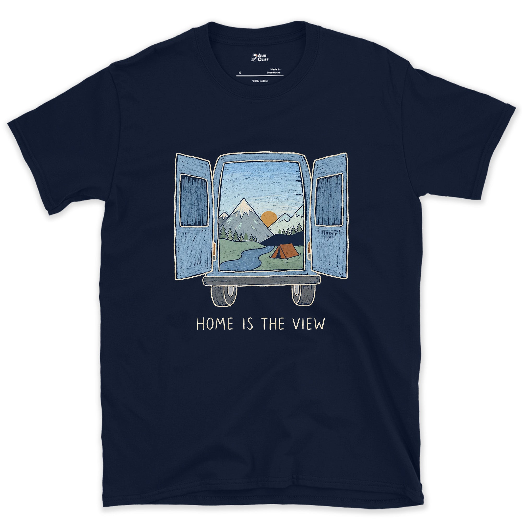 Home Is the View, Through the Van Doors design on a Navy Gildan Softstyle t-shirt