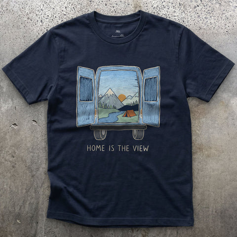 Home Is the View, Through the Van Doors design on a Navy Gildan Softstyle t-shirt