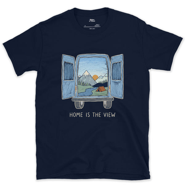 Home Is the View, Through the Van Doors design on a Navy Gildan Softstyle t-shirt