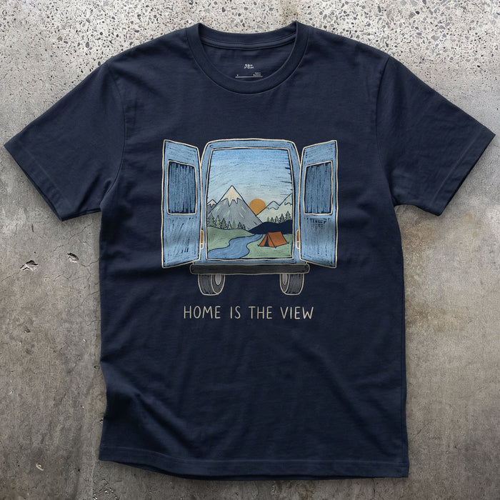 Home Is the View, Through the Van Doors design on a Navy Gildan Softstyle t-shirt