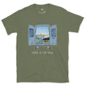 Home Is the View, Through the Van Doors design on a Military Green Gildan Softstyle t-shirt