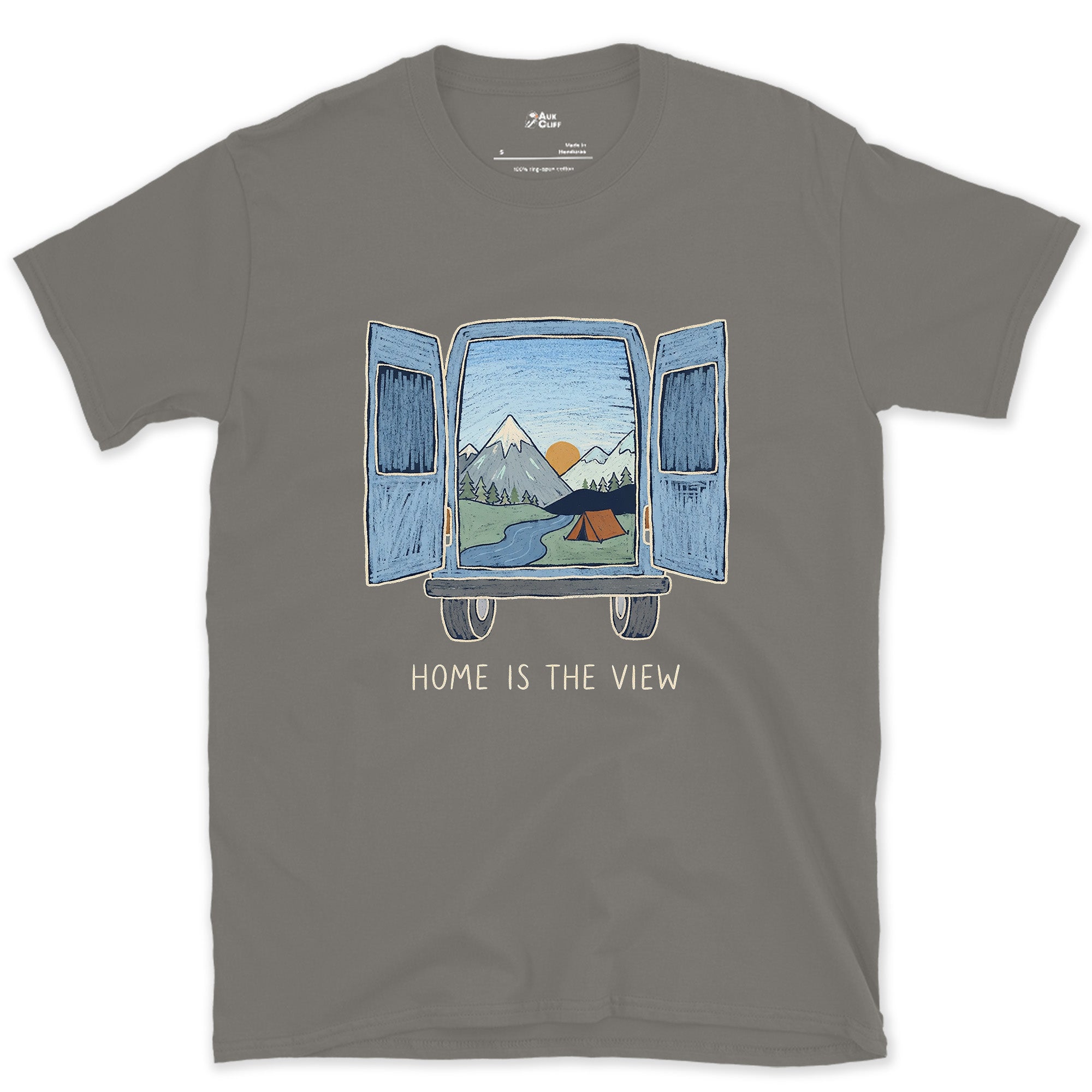 Home Is the View, Through the Van Doors design on a Charcoal Gildan Softstyle t-shirt