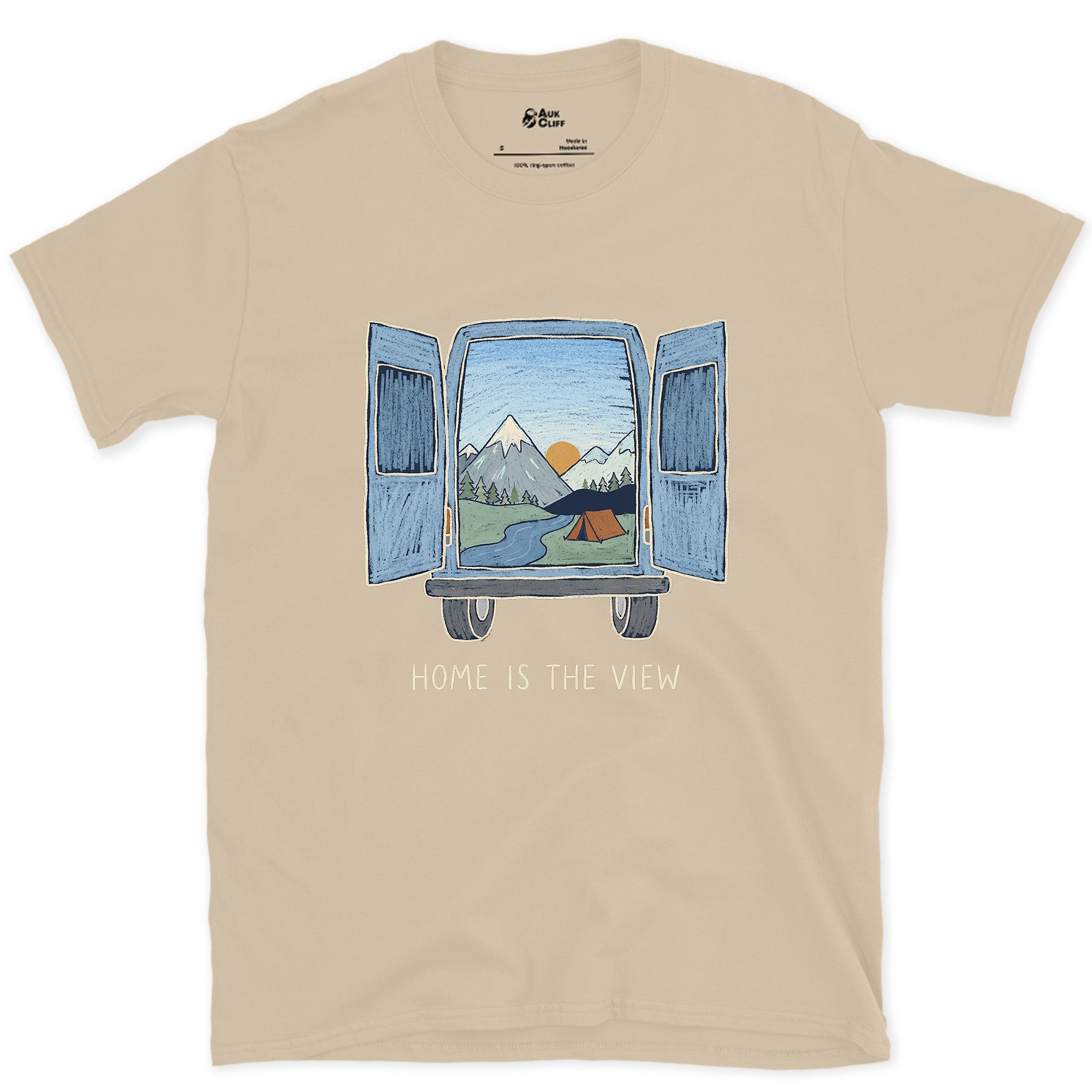Home Is the View, Through the Van Doors design on a Sand Gildan Softstyle t-shirt