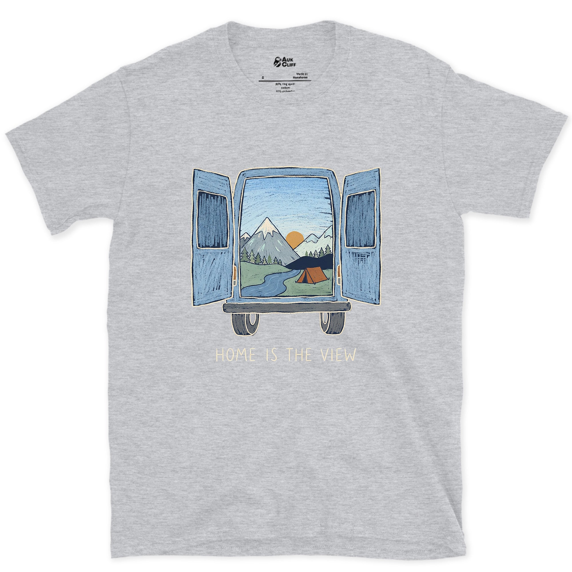 Home Is the View, Through the Van Doors design on a Sport Grey Gildan Softstyle t-shirt