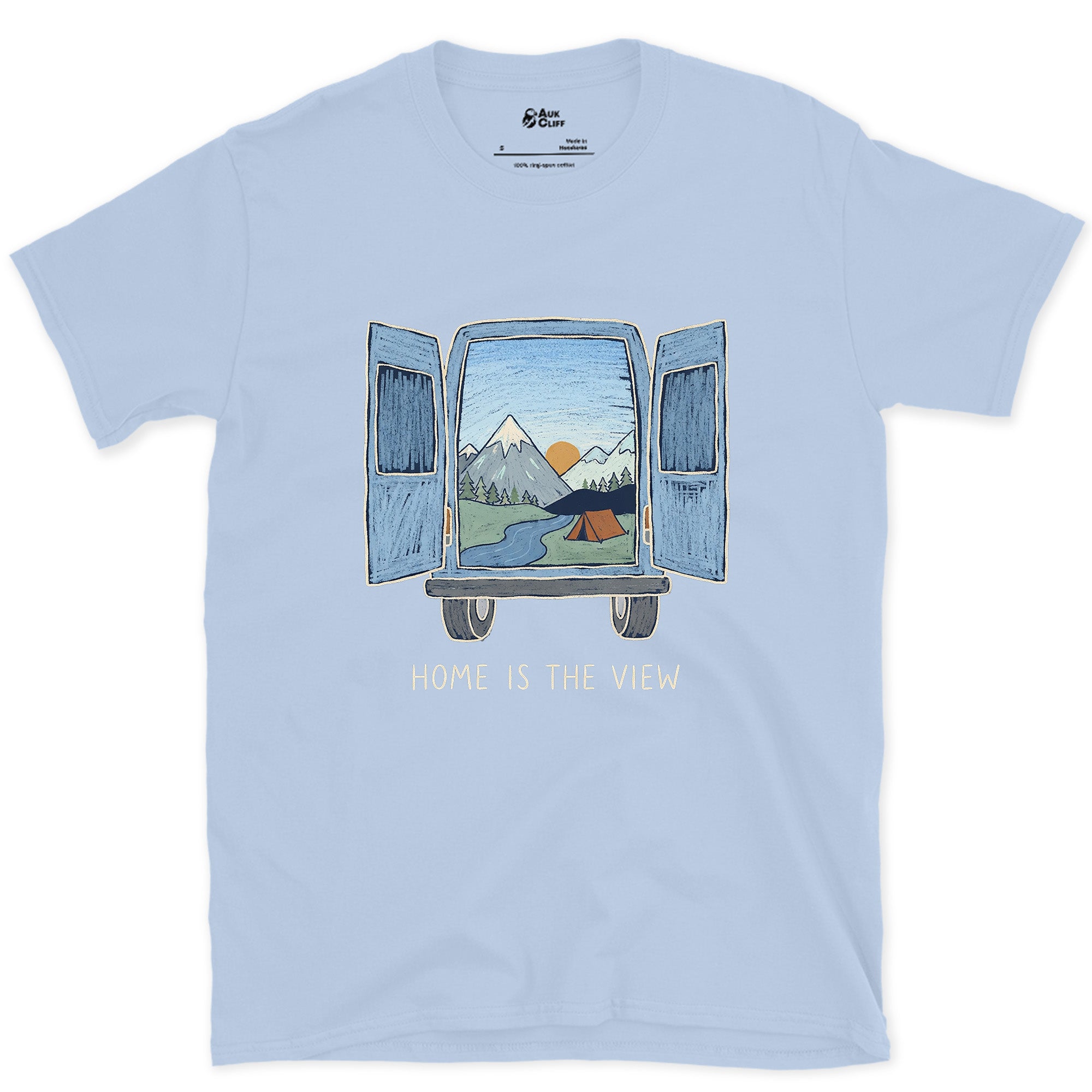 Home Is the View, Through the Van Doors design on a Light Blue Gildan Softstyle t-shirt