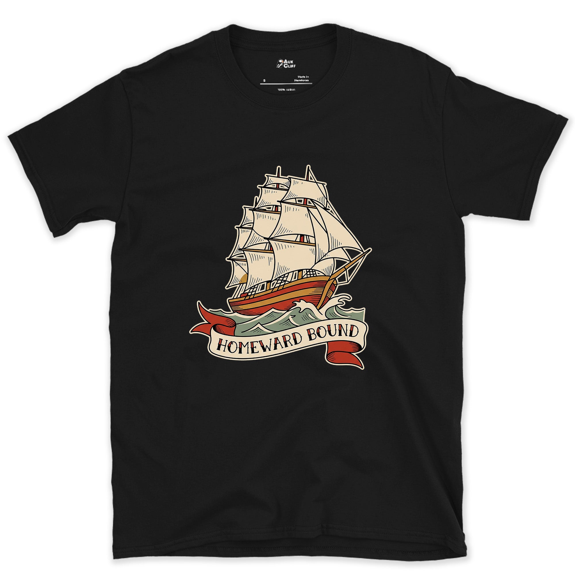 Homeward Bound, Clipper Ship design on a Black Gildan Softstyle t-shirt