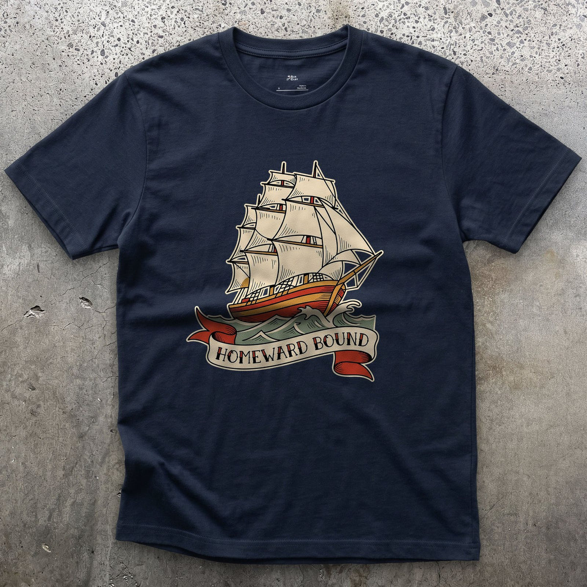Homeward Bound, Clipper Ship design on a Navy Gildan Softstyle t-shirt