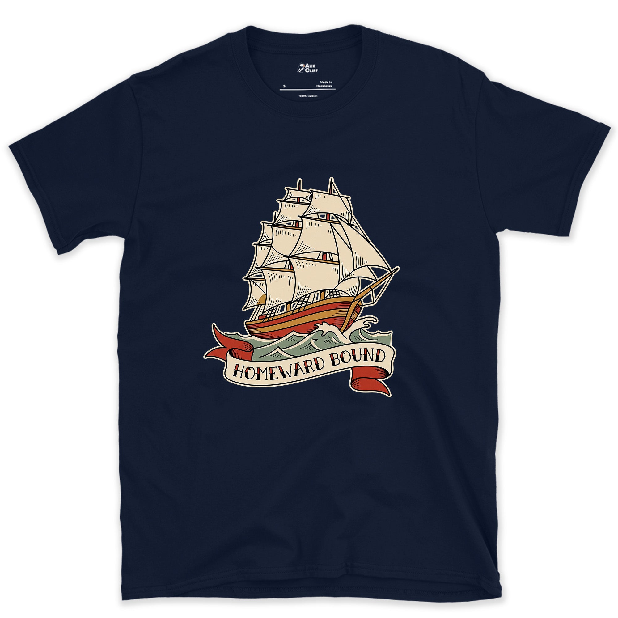 Homeward Bound, Clipper Ship design on a Navy Gildan Softstyle t-shirt