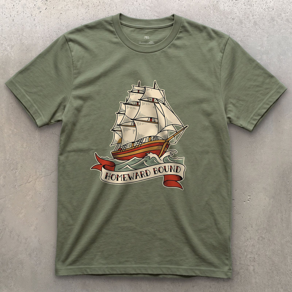 Homeward Bound, Clipper Ship design on a Military Green Gildan Softstyle t-shirt