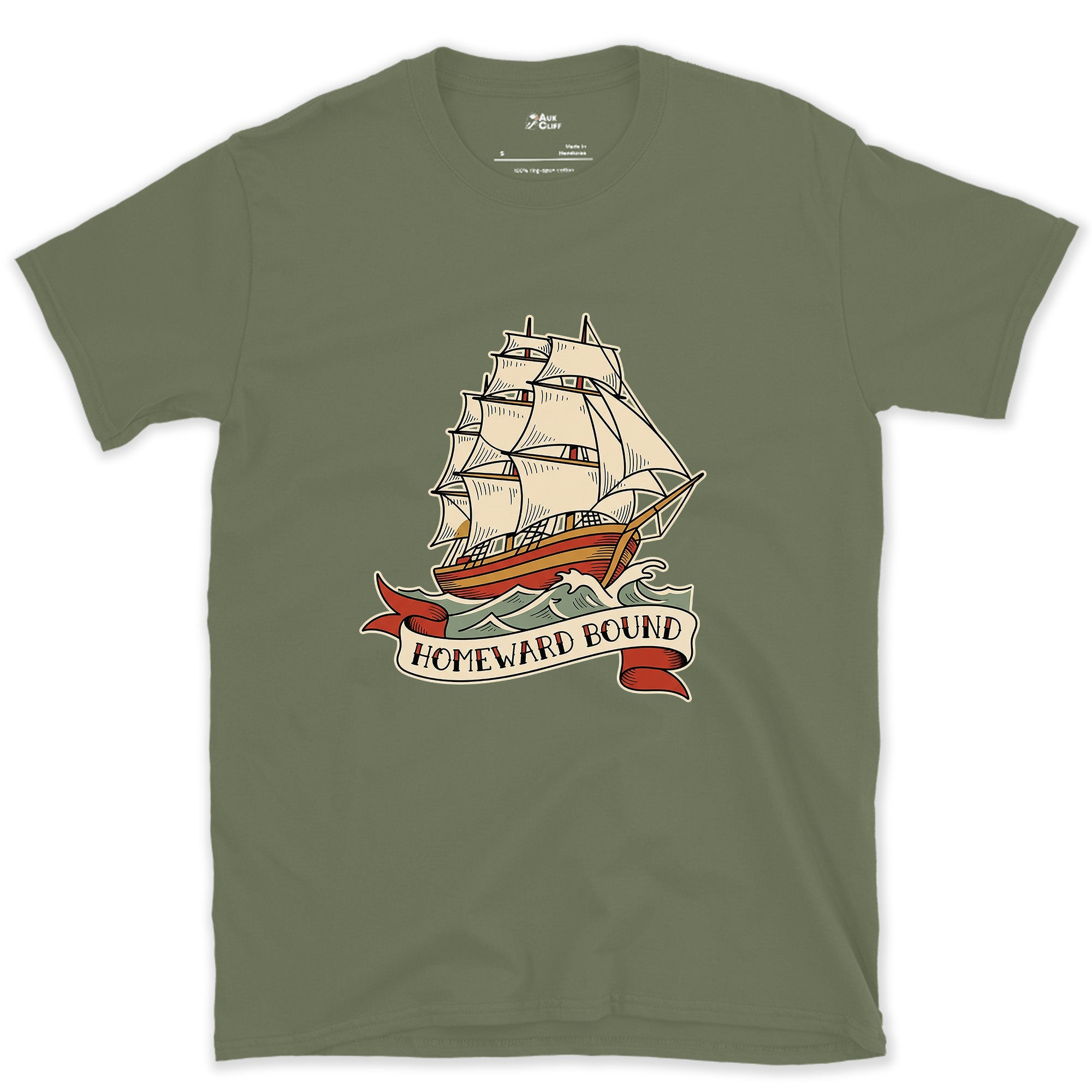Homeward Bound, Clipper Ship design on a Military Green Gildan Softstyle t-shirt