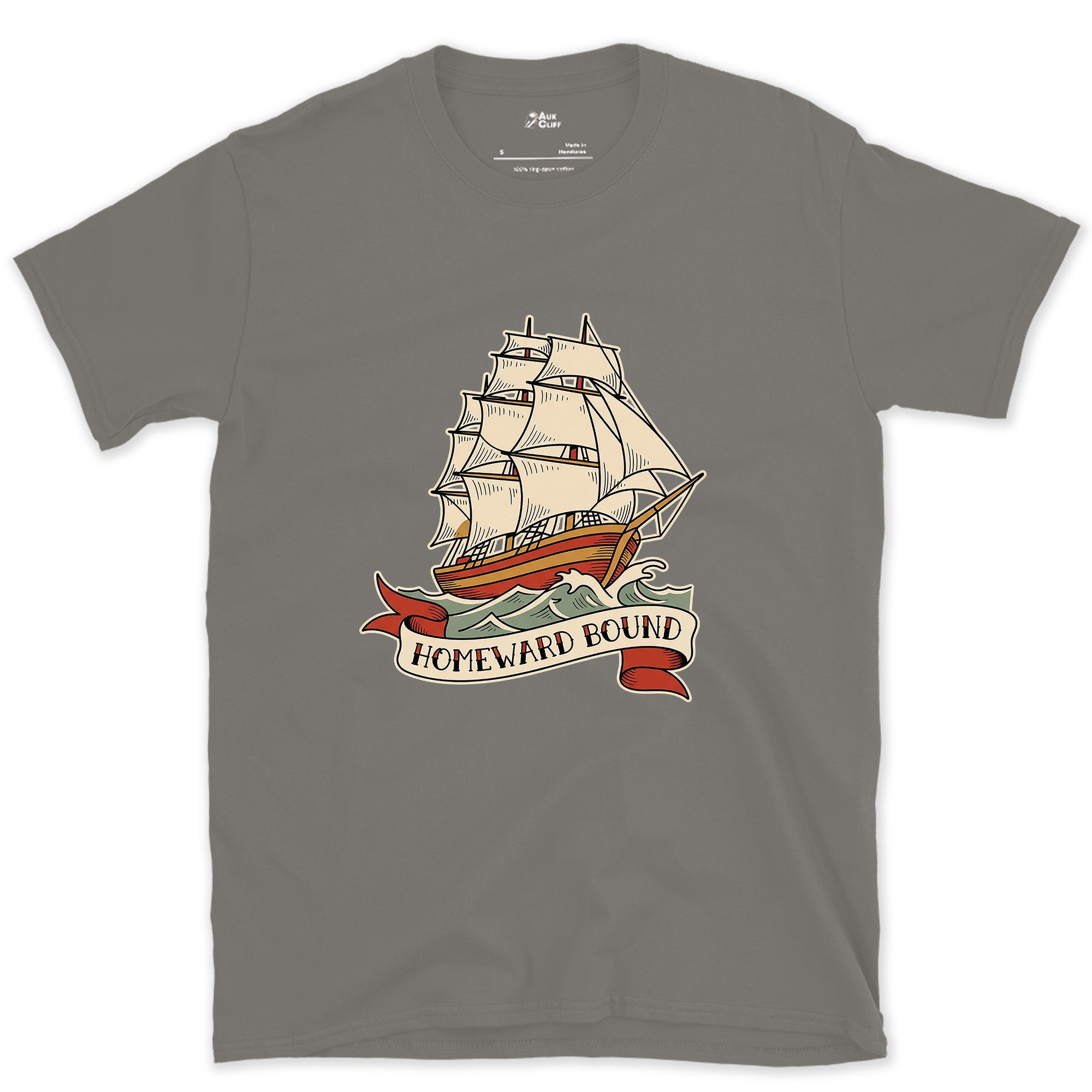 Homeward Bound, Clipper Ship design on a Charcoal Gildan Softstyle t-shirt