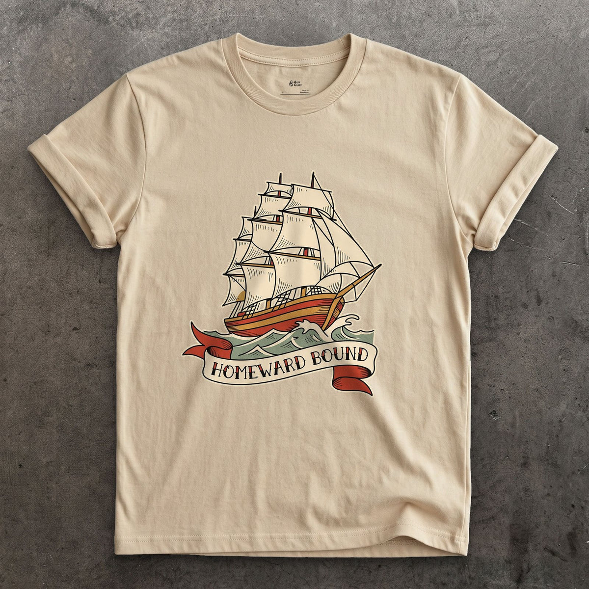 Homeward Bound, Clipper Ship design on a Sand Gildan Softstyle t-shirt