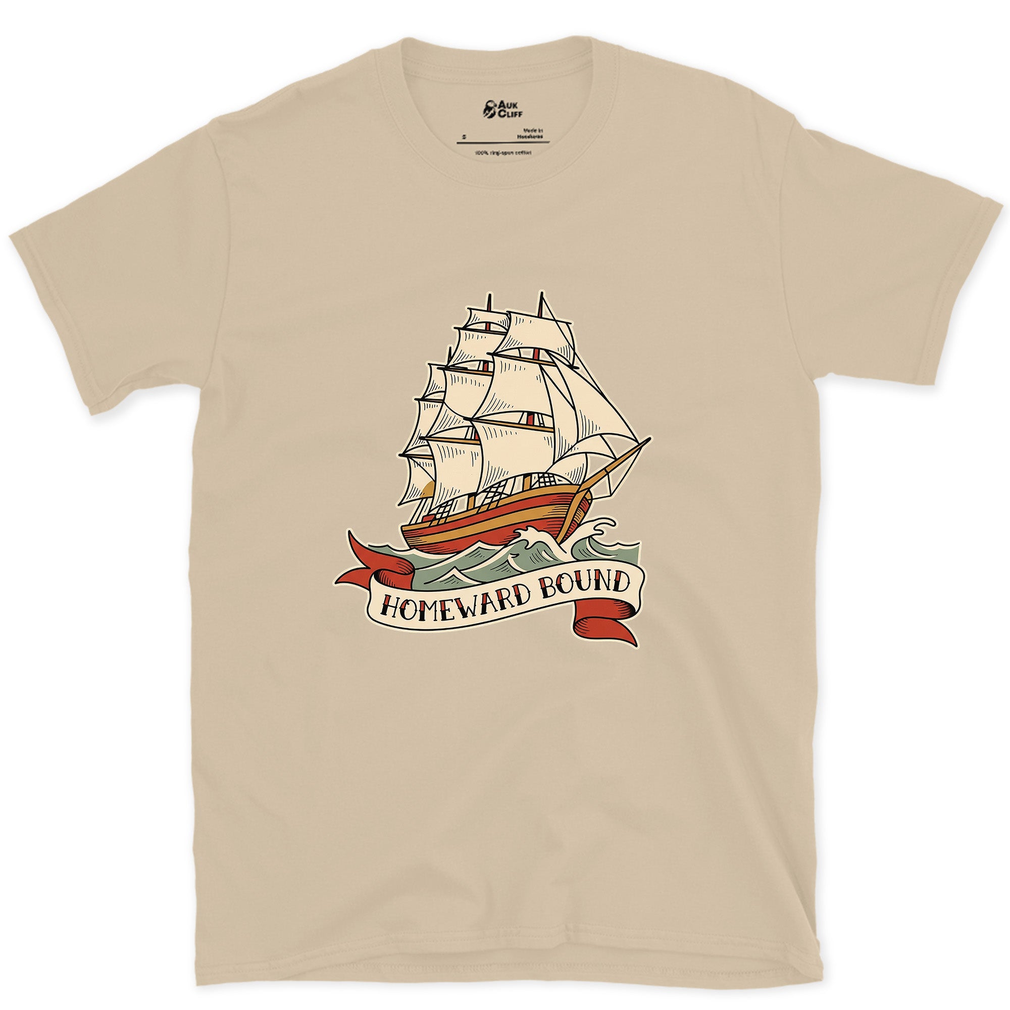 Homeward Bound, Clipper Ship design on a Sand Gildan Softstyle t-shirt