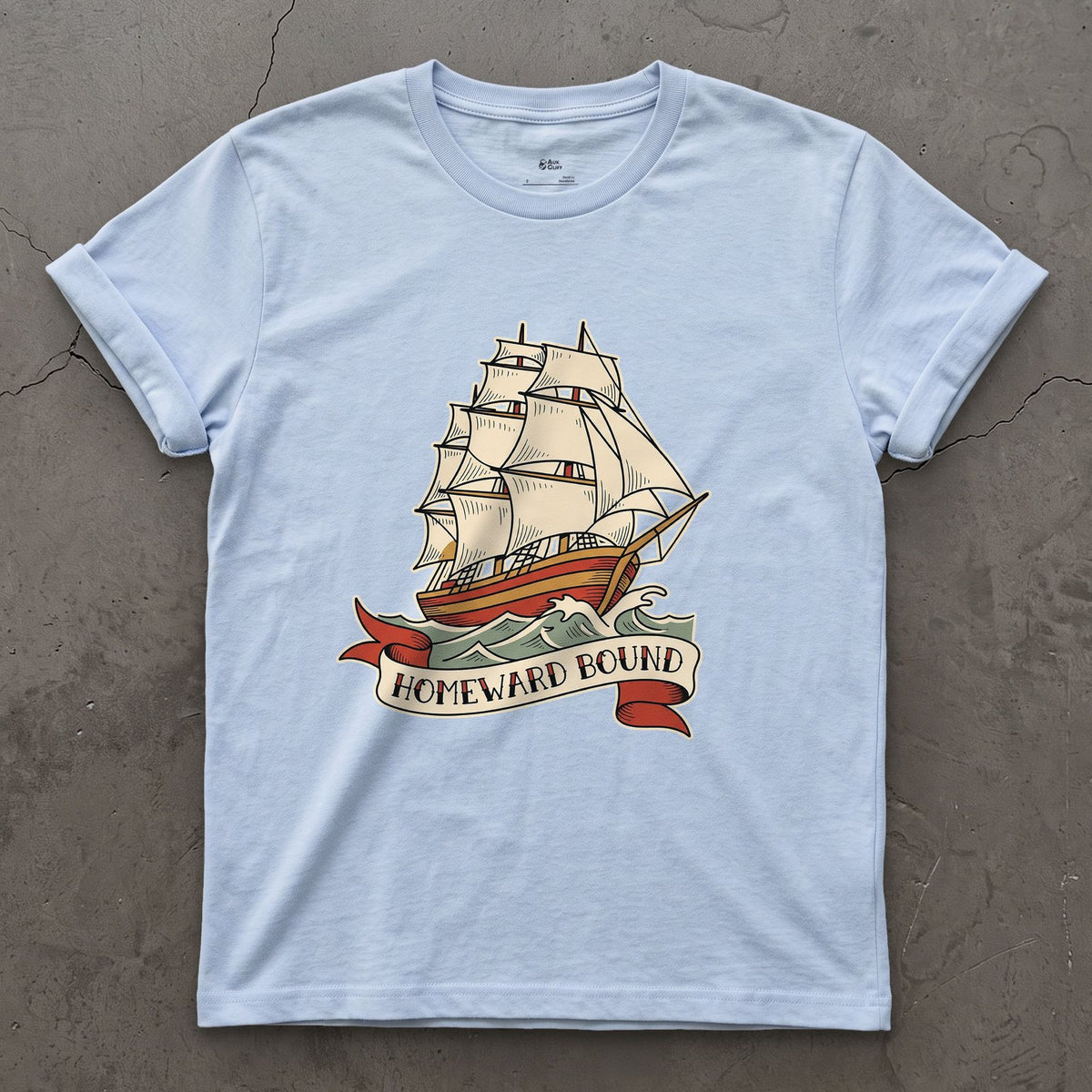 Homeward Bound, Clipper Ship design on a Light Blue Gildan Softstyle t-shirt