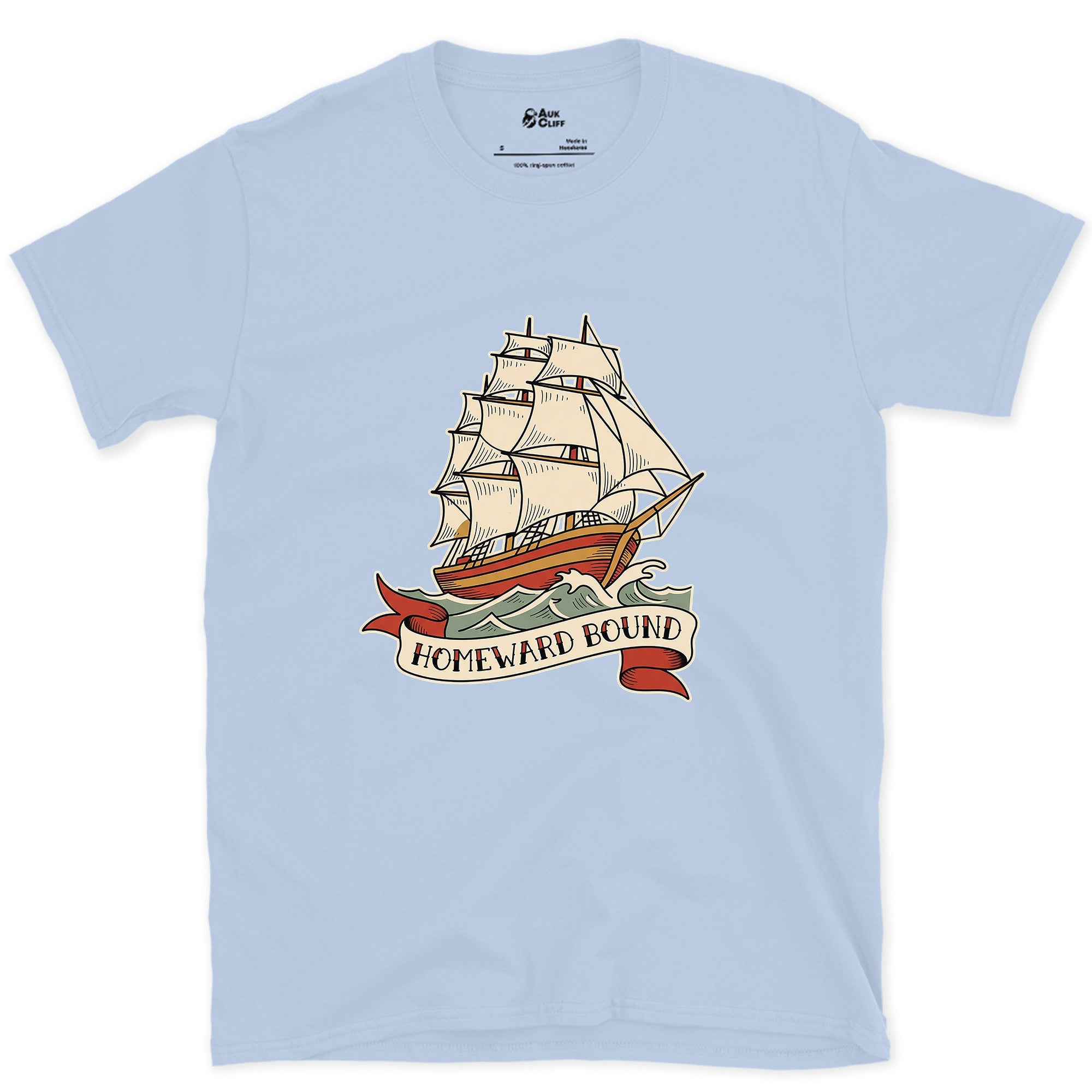 Homeward Bound, Clipper Ship design on a Light Blue Gildan Softstyle t-shirt