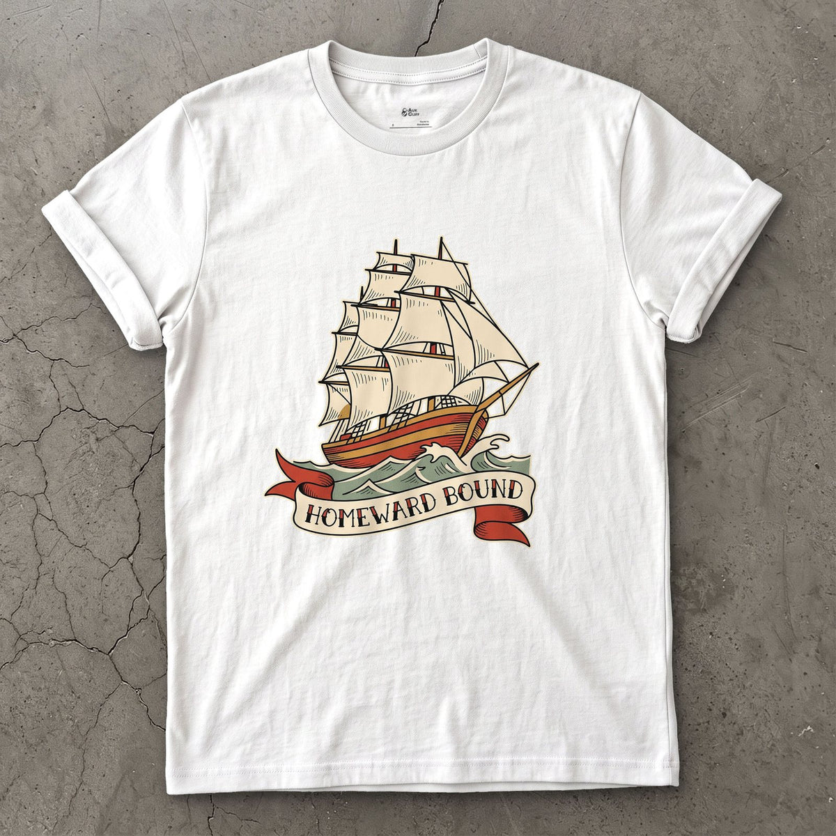 Homeward Bound, Clipper Ship design on a White Gildan Softstyle t-shirt