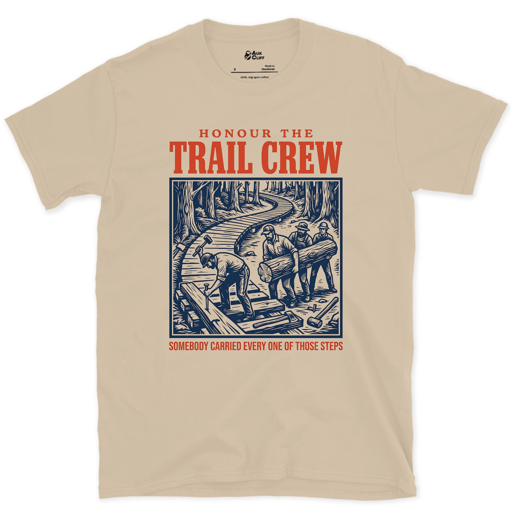 Honour the Trail Crew, Every Step Was Carried design on a Sand Gildan Softstyle t-shirt
