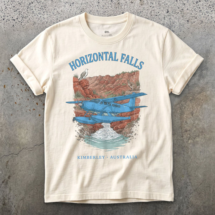 Horizontal Falls Bush Plane design on a Natural Gildan Softstyle t-shirt