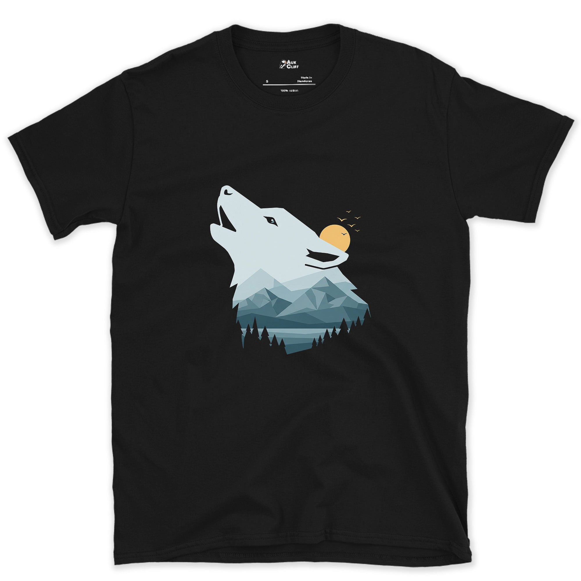 Faceted Sunrise, Howling Wolf design on a Black Gildan Softstyle t-shirt