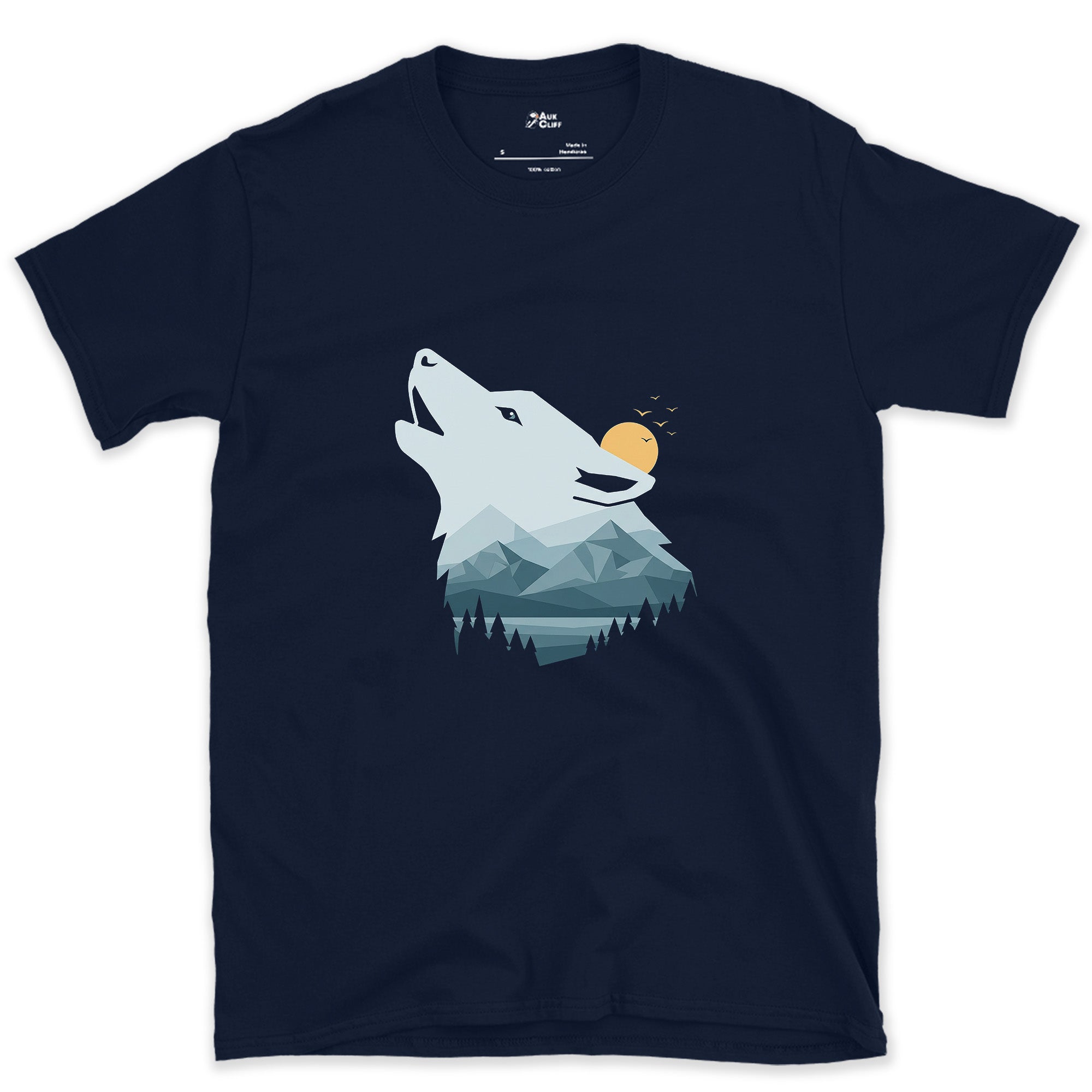 Faceted Sunrise, Howling Wolf design on a Navy Gildan Softstyle t-shirt