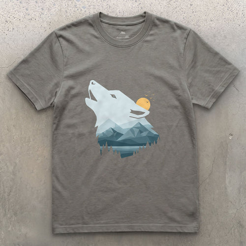 Faceted Sunrise, Howling Wolf design on a Charcoal Gildan Softstyle t-shirt