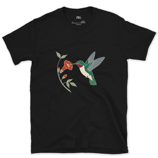 Wings a Blur, Hummingbird at the Trumpet Vine design on a Black Gildan Softstyle t-shirt