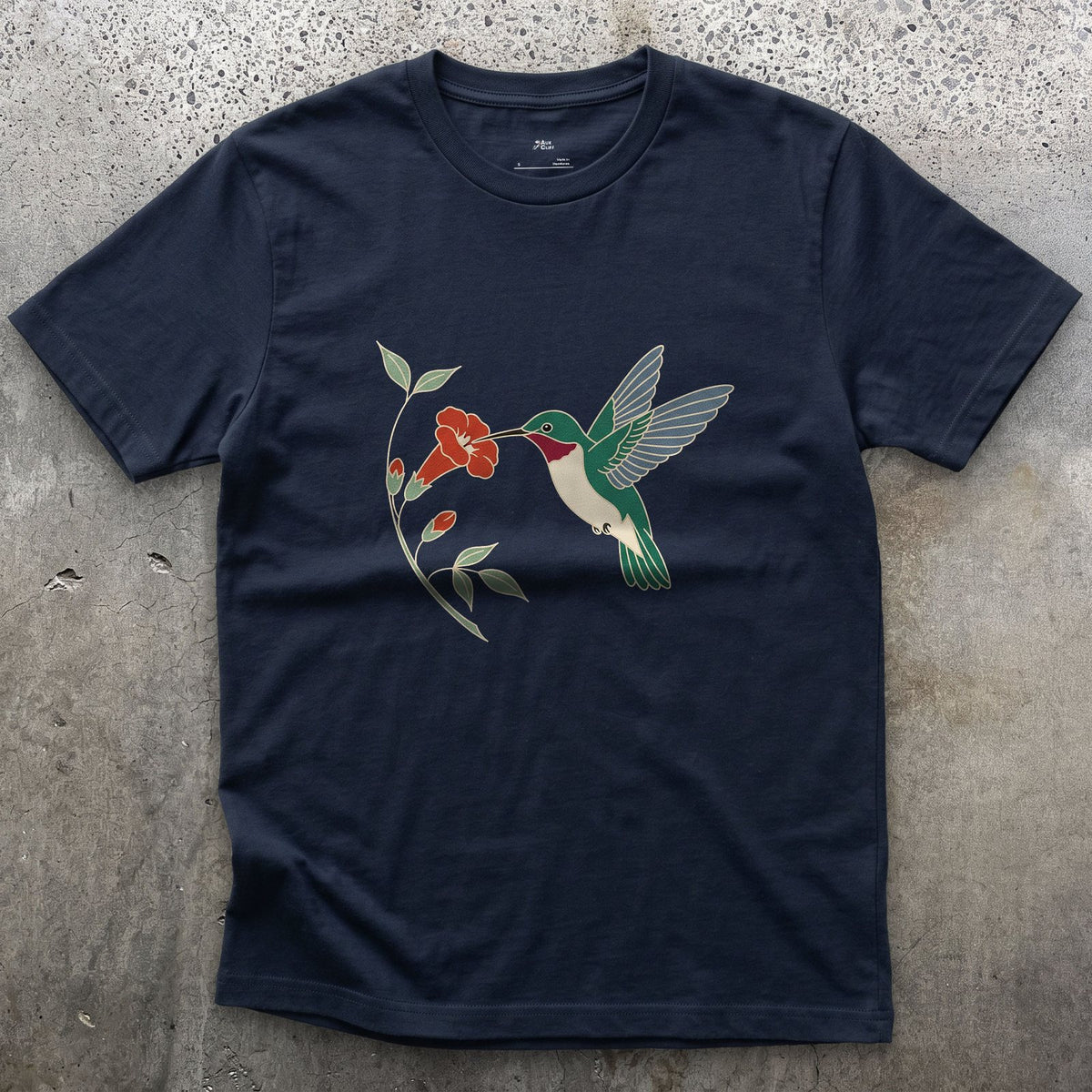 Wings a Blur, Hummingbird at the Trumpet Vine design on a Navy Gildan Softstyle t-shirt