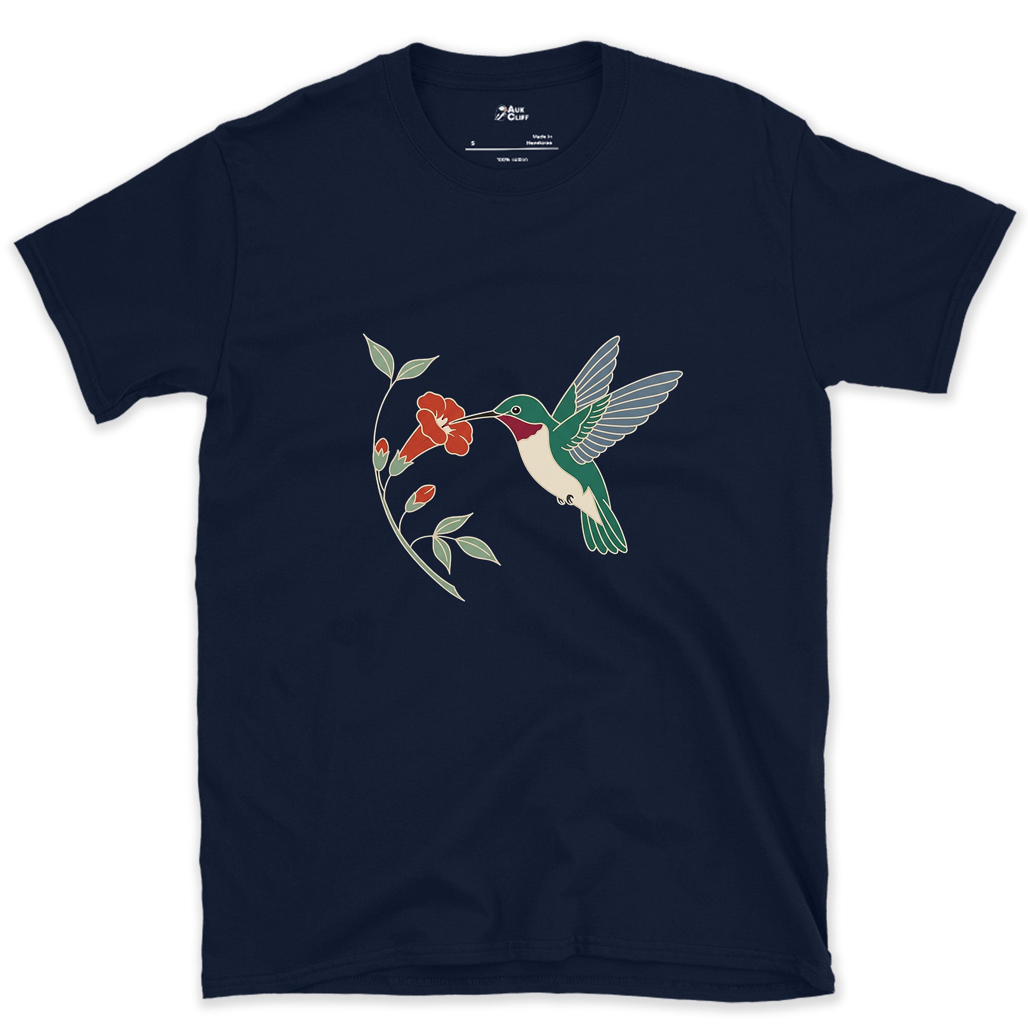 Wings a Blur, Hummingbird at the Trumpet Vine design on a Navy Gildan Softstyle t-shirt