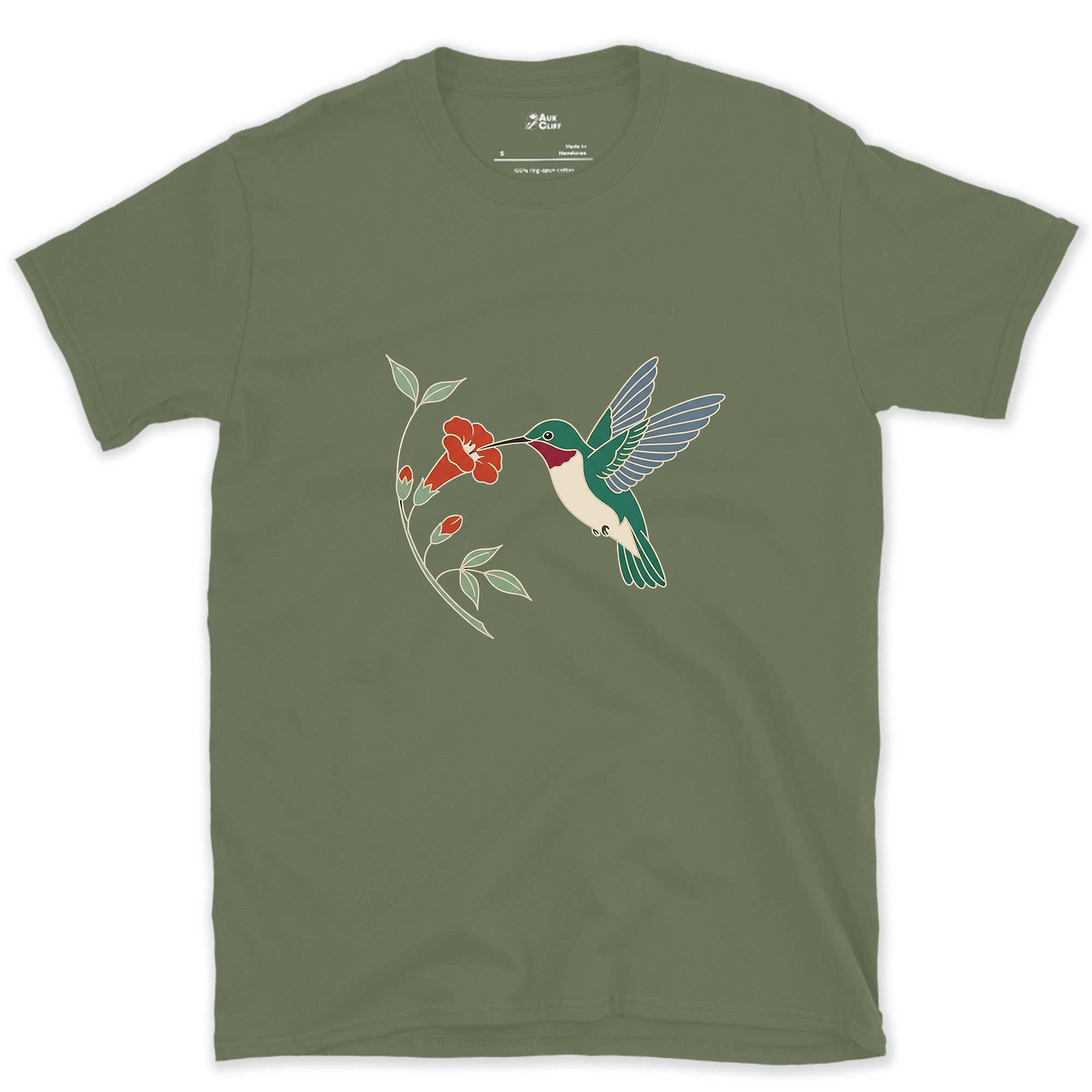 Wings a Blur, Hummingbird at the Trumpet Vine design on a Military Green Gildan Softstyle t-shirt