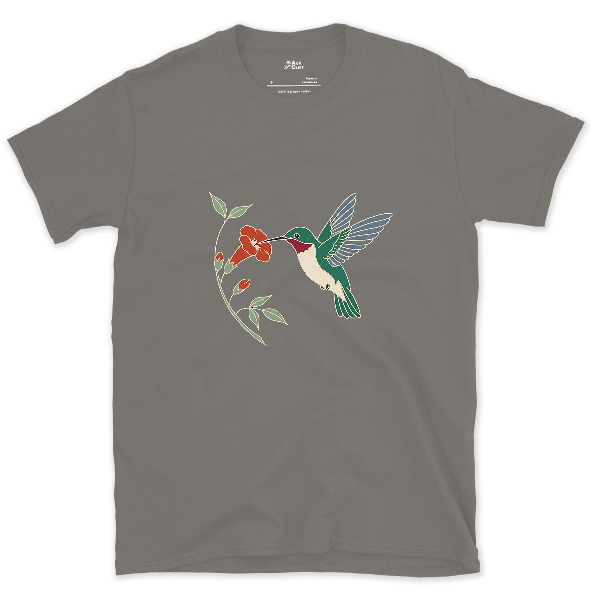 Wings a Blur, Hummingbird at the Trumpet Vine design on a Charcoal Gildan Softstyle t-shirt