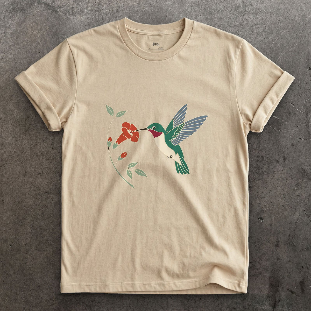 Wings a Blur, Hummingbird at the Trumpet Vine design on a Sand Gildan Softstyle t-shirt