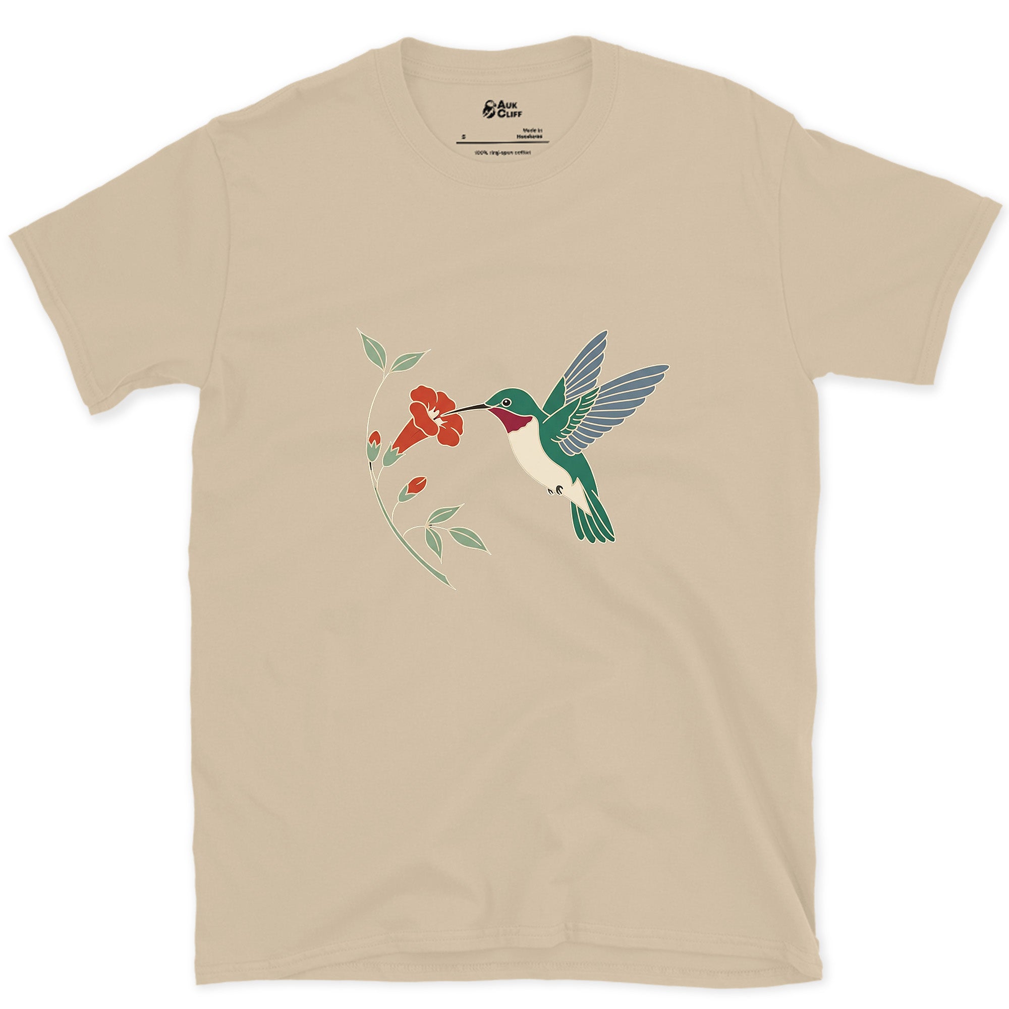 Wings a Blur, Hummingbird at the Trumpet Vine design on a Sand Gildan Softstyle t-shirt