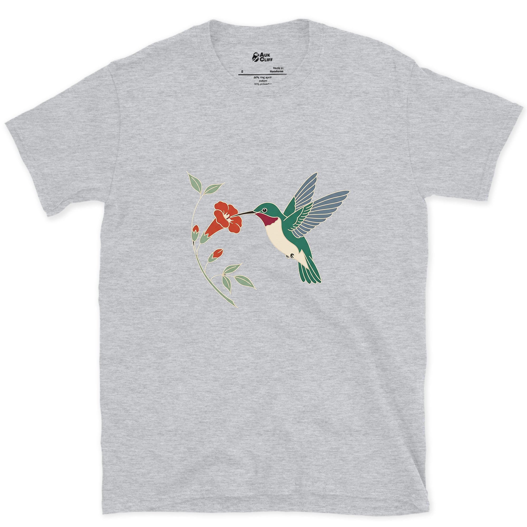 Wings a Blur, Hummingbird at the Trumpet Vine design on a Sport Grey Gildan Softstyle t-shirt