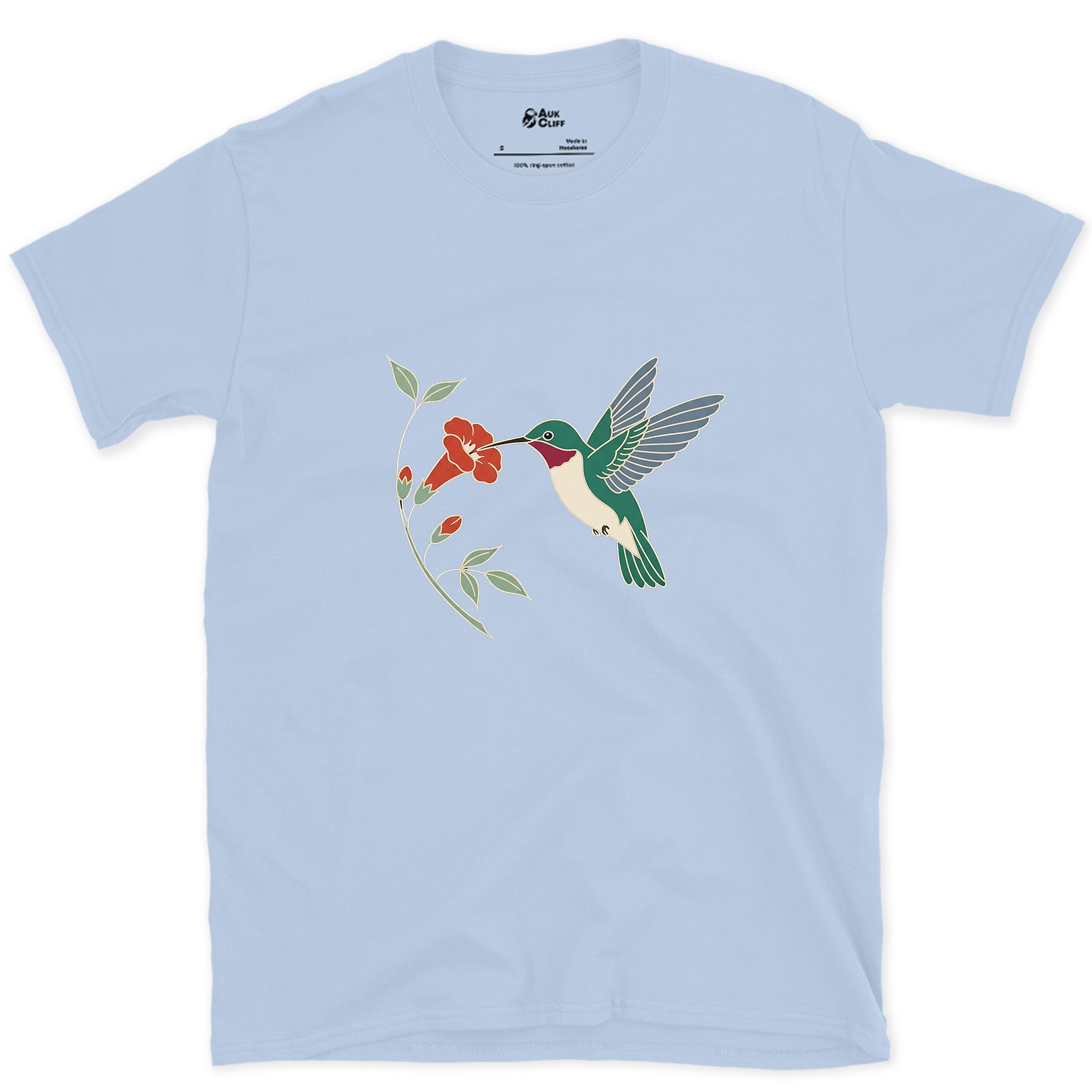 Wings a Blur, Hummingbird at the Trumpet Vine design on a Light Blue Gildan Softstyle t-shirt