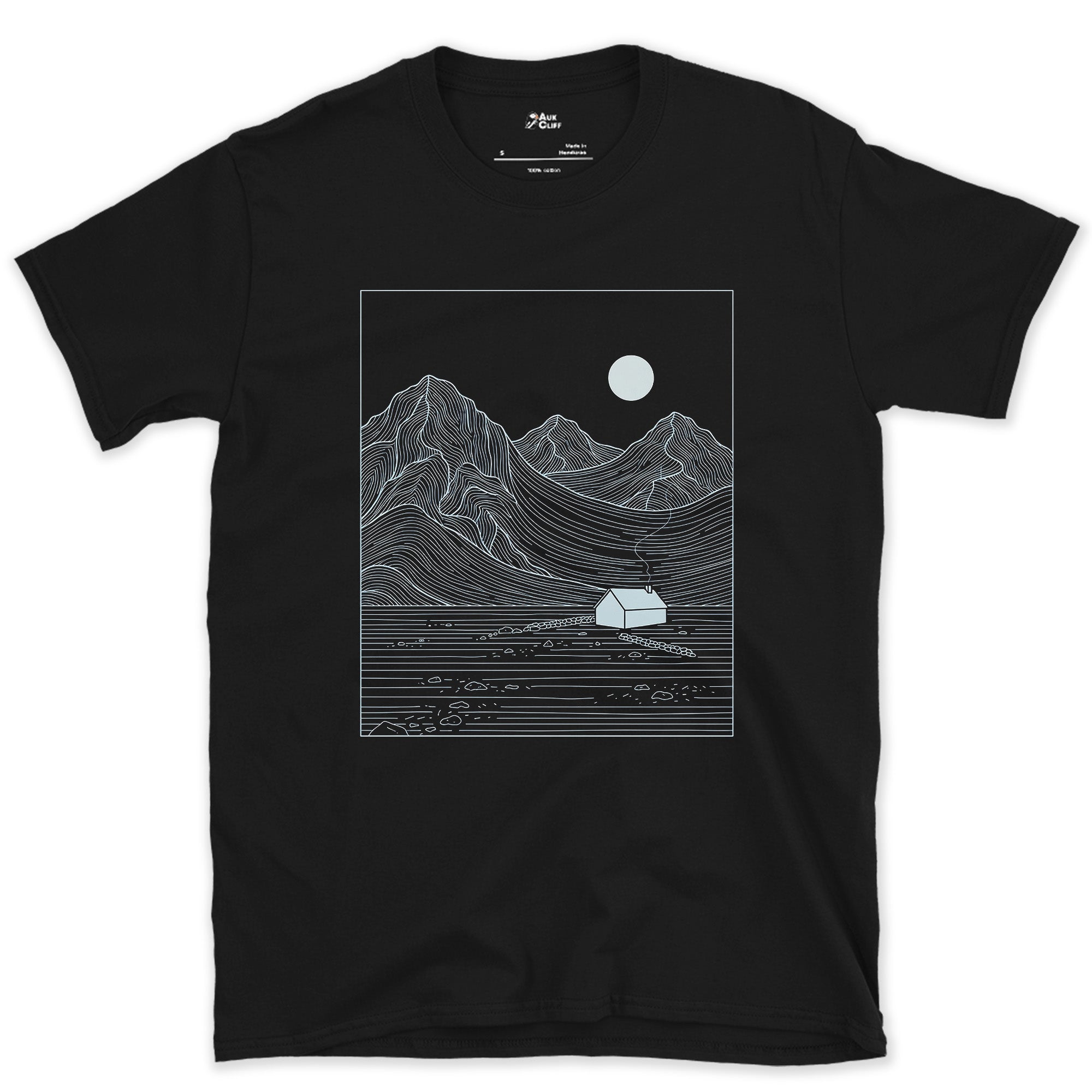 Moonrise Over the Water and the Cabin design on a Black Gildan Softstyle t-shirt