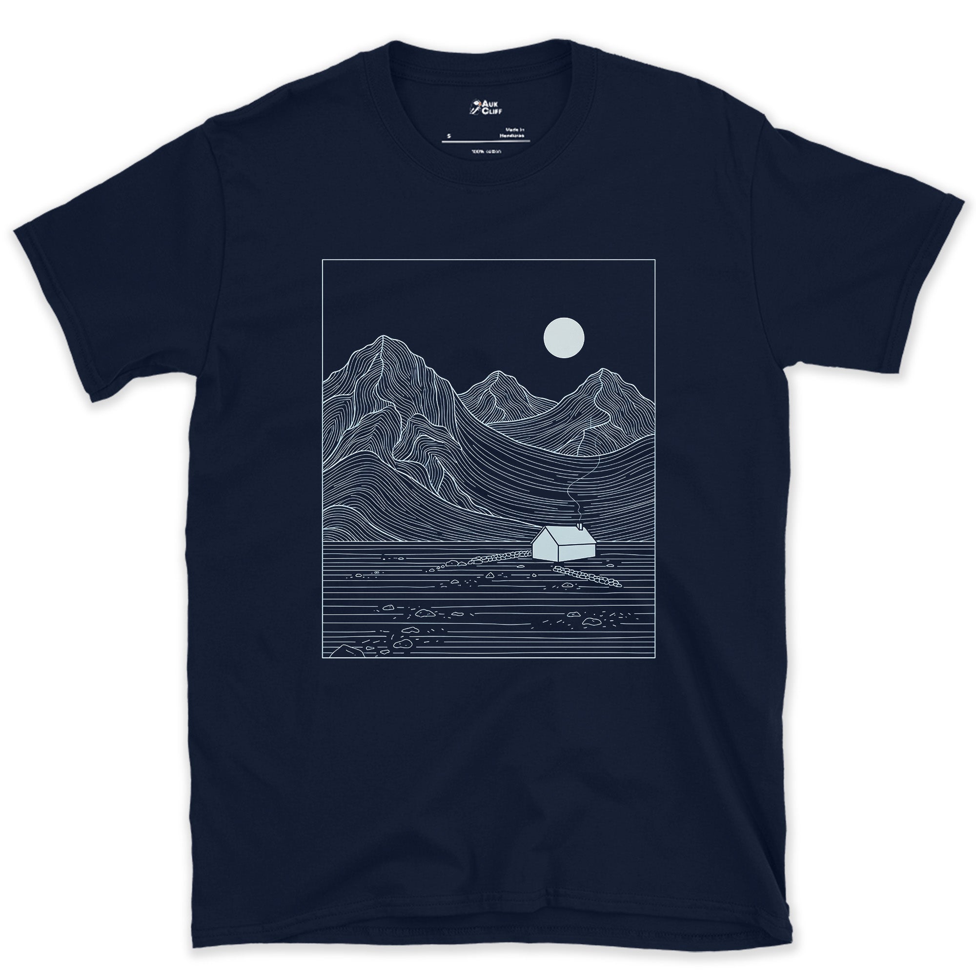 Moonrise Over the Water and the Cabin design on a Navy Gildan Softstyle t-shirt