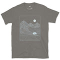 Moonrise Over the Water and the Cabin design on a Charcoal Gildan Softstyle t-shirt