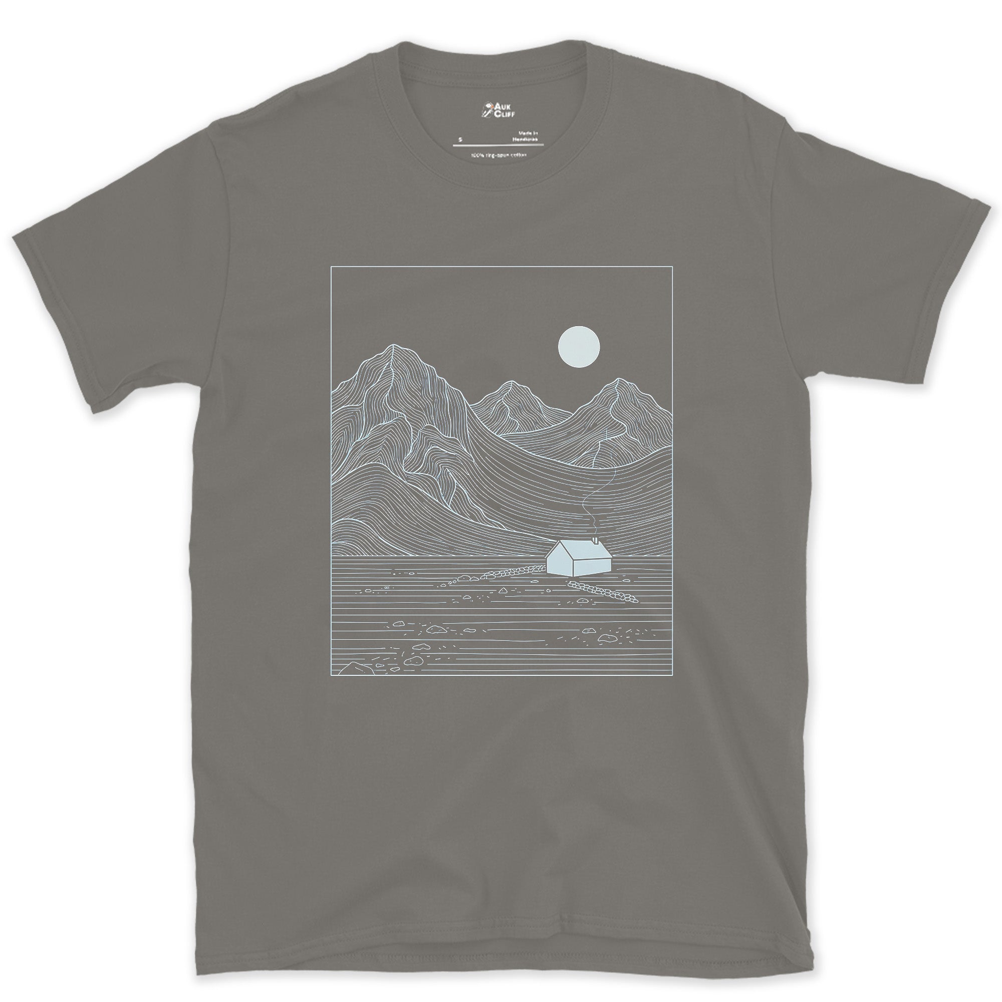 Moonrise Over the Water and the Cabin design on a Charcoal Gildan Softstyle t-shirt