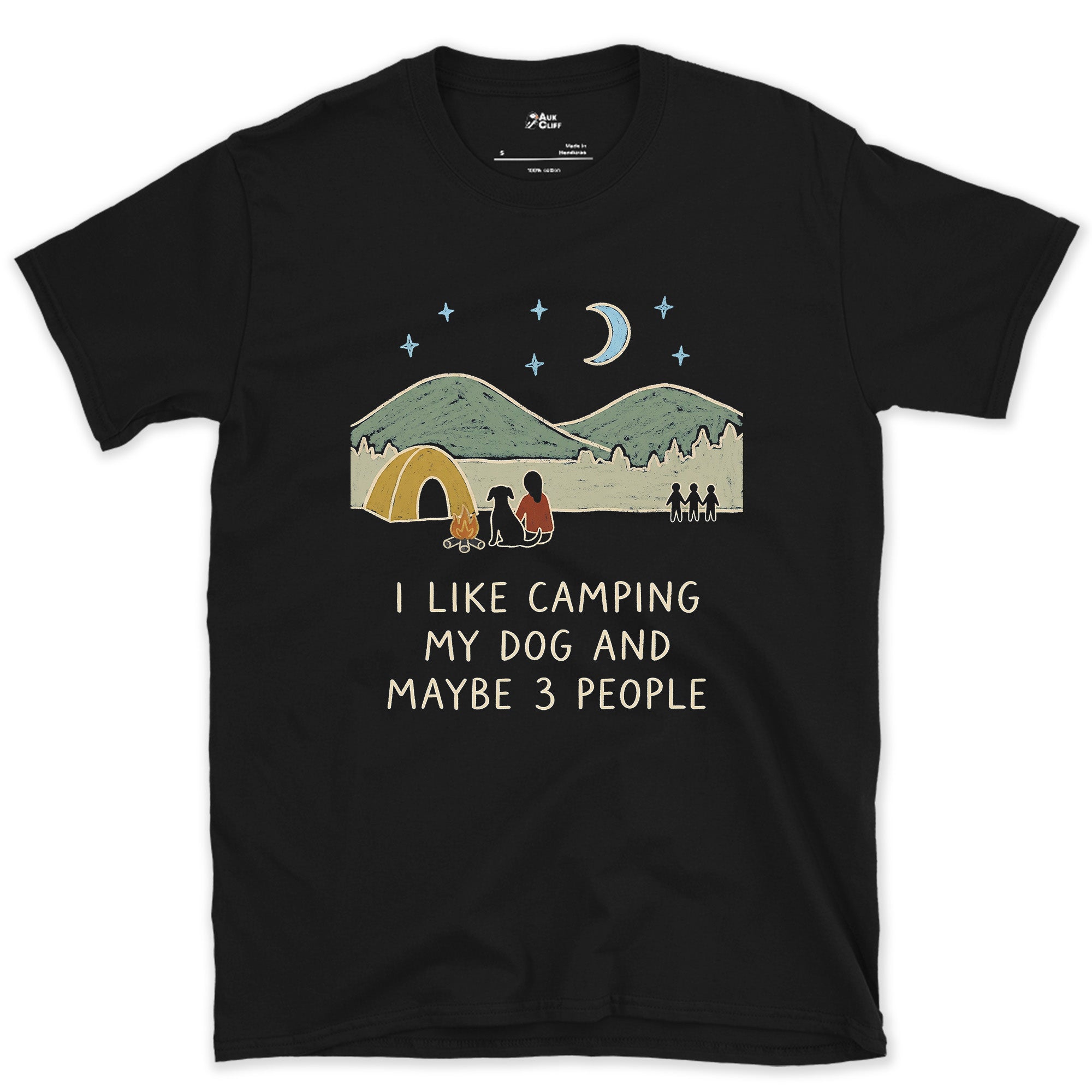 I Like Camping, My Dog, and Maybe 3 People design on a Black Gildan Softstyle t-shirt